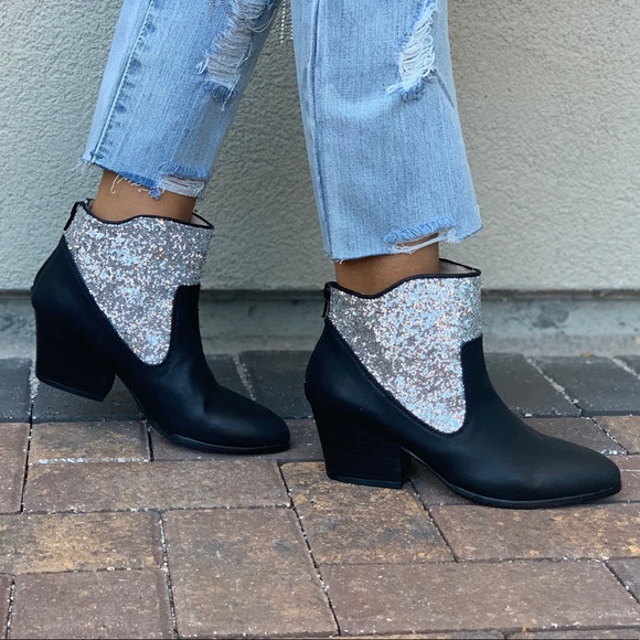 Black/Silver Glitter Embellished Ankle Booties - Picture 4 of 8